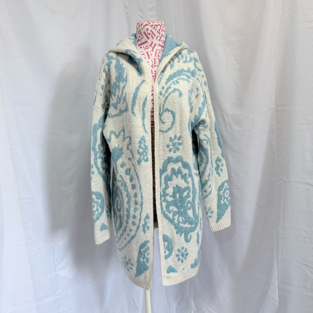 StitchDrop Blue &‎ White Paisley Long Open Front  Hooded Cardigan Sweater Size S